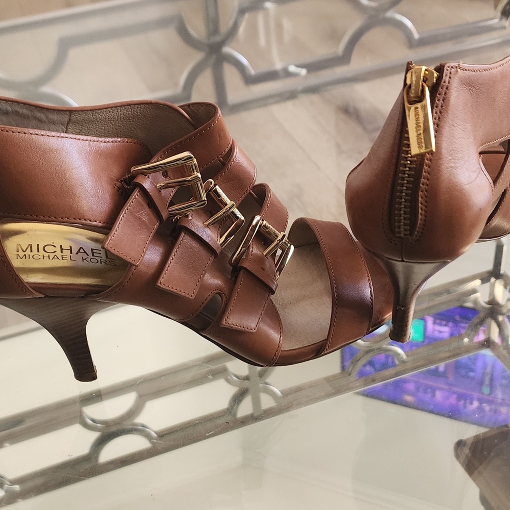 Michael Kors Cognac Brown Leather Triple-Buckle Heeled Sandals - Picture 3 of 5